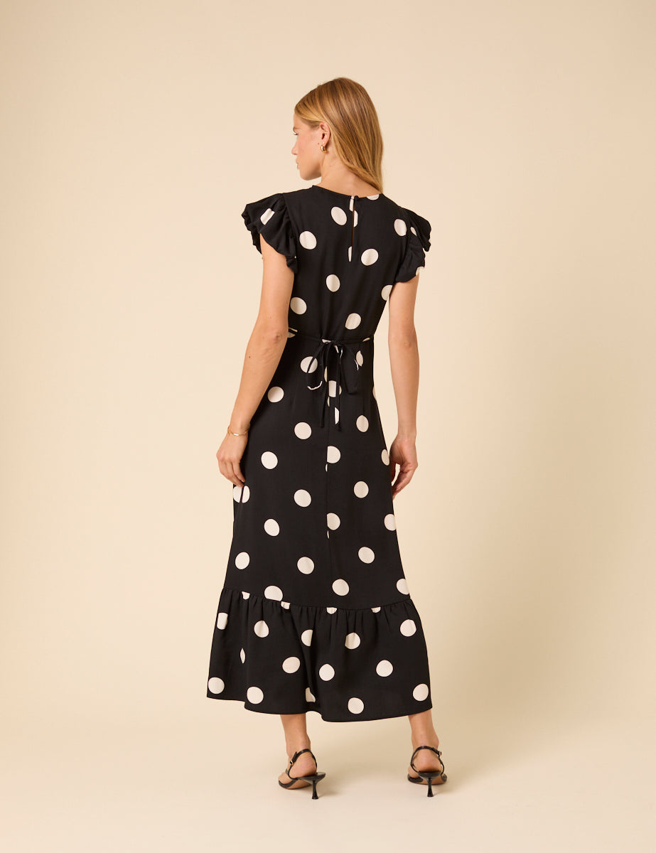 Black Polka Dot Frill Sleeve Clara Midi Dress