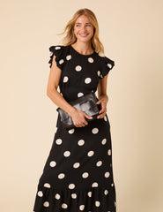 Black Polka Dot Frill Sleeve Clara Midi Dress