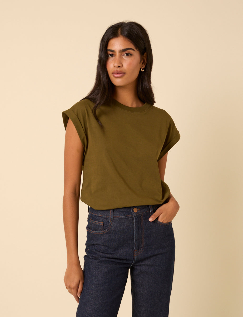 Khaki Green Cap Sleeve T-Shirt
