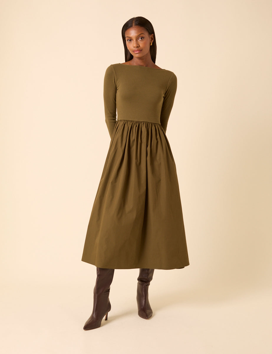 Green Scoop Neck A-Line Midi Dress