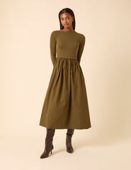 Green Scoop Neck A-Line Midi Dress
