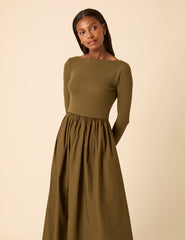 Green Scoop Neck A-Line Midi Dress