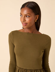 Green Scoop Neck A-Line Midi Dress