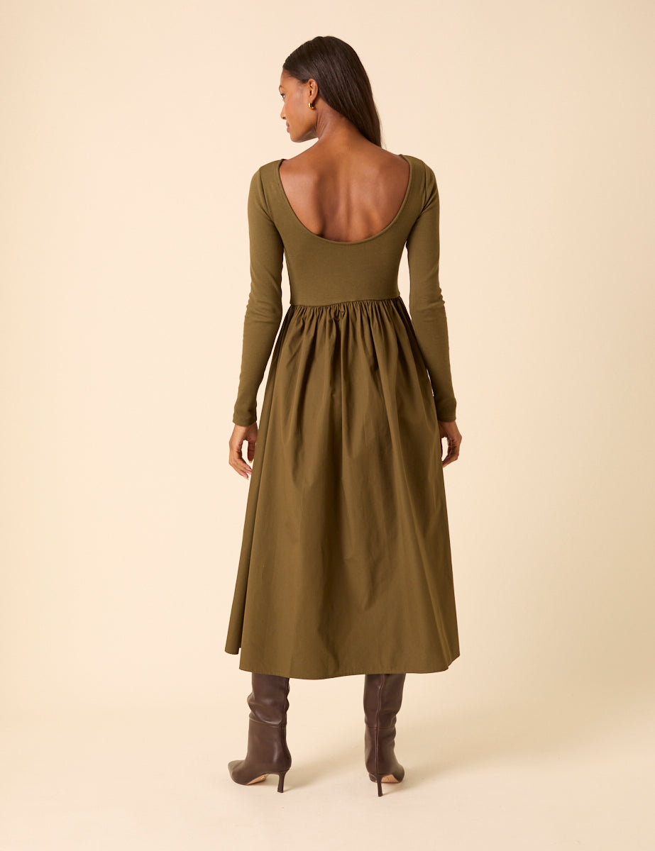 Green Scoop Neck A-Line Midi Dress