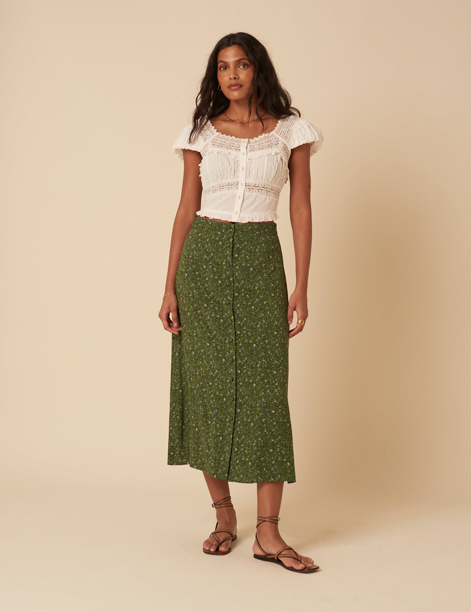 Green Ditsy Floral Midi Skirt