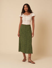 Green Ditsy Floral Midi Skirt
