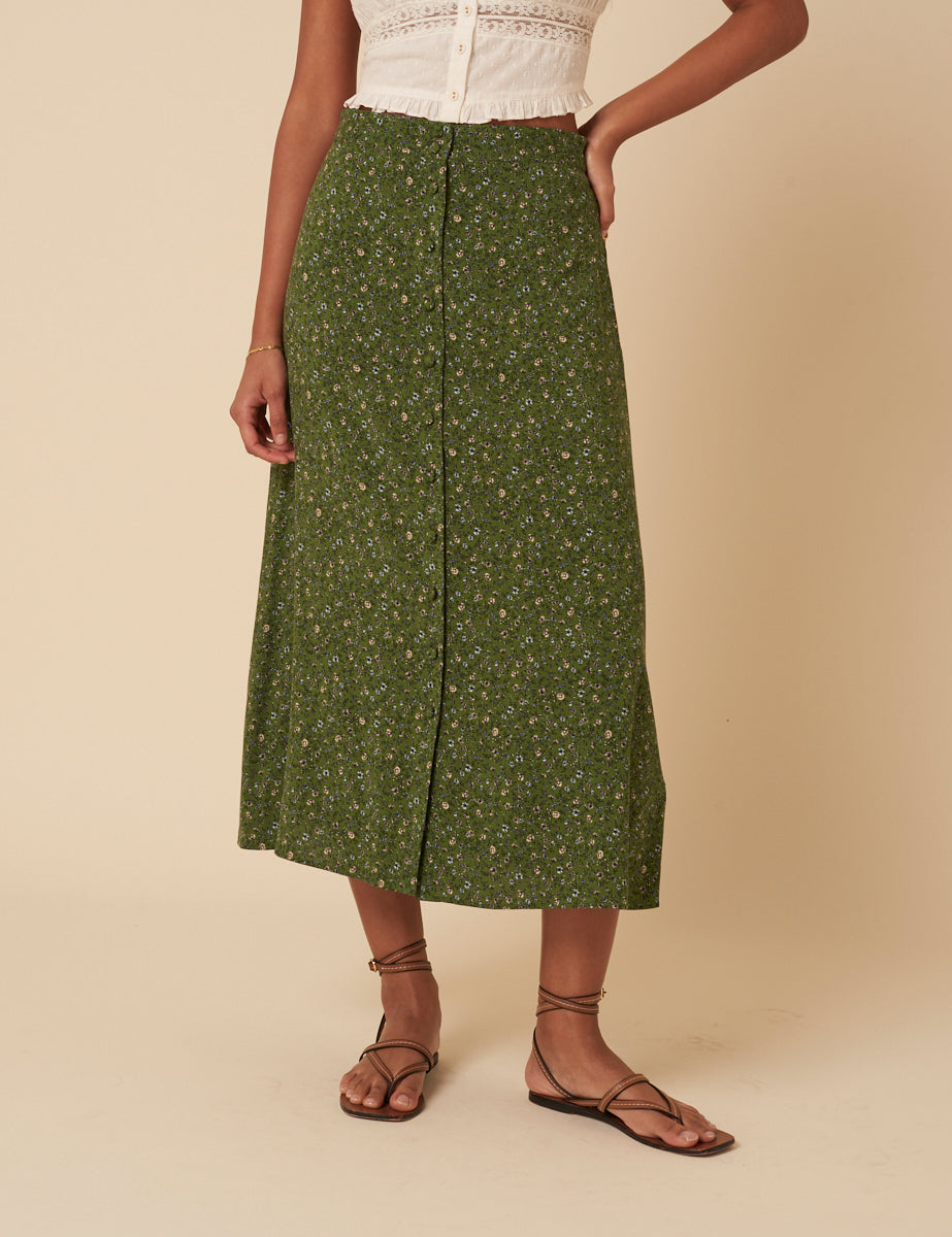 Green Ditsy Floral Midi Skirt