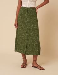 Green Ditsy Floral Midi Skirt