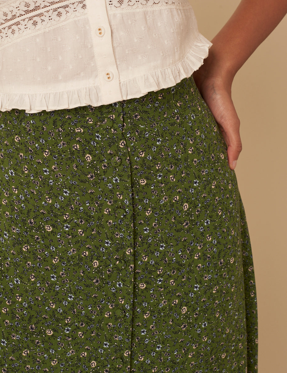 Green Ditsy Floral Midi Skirt