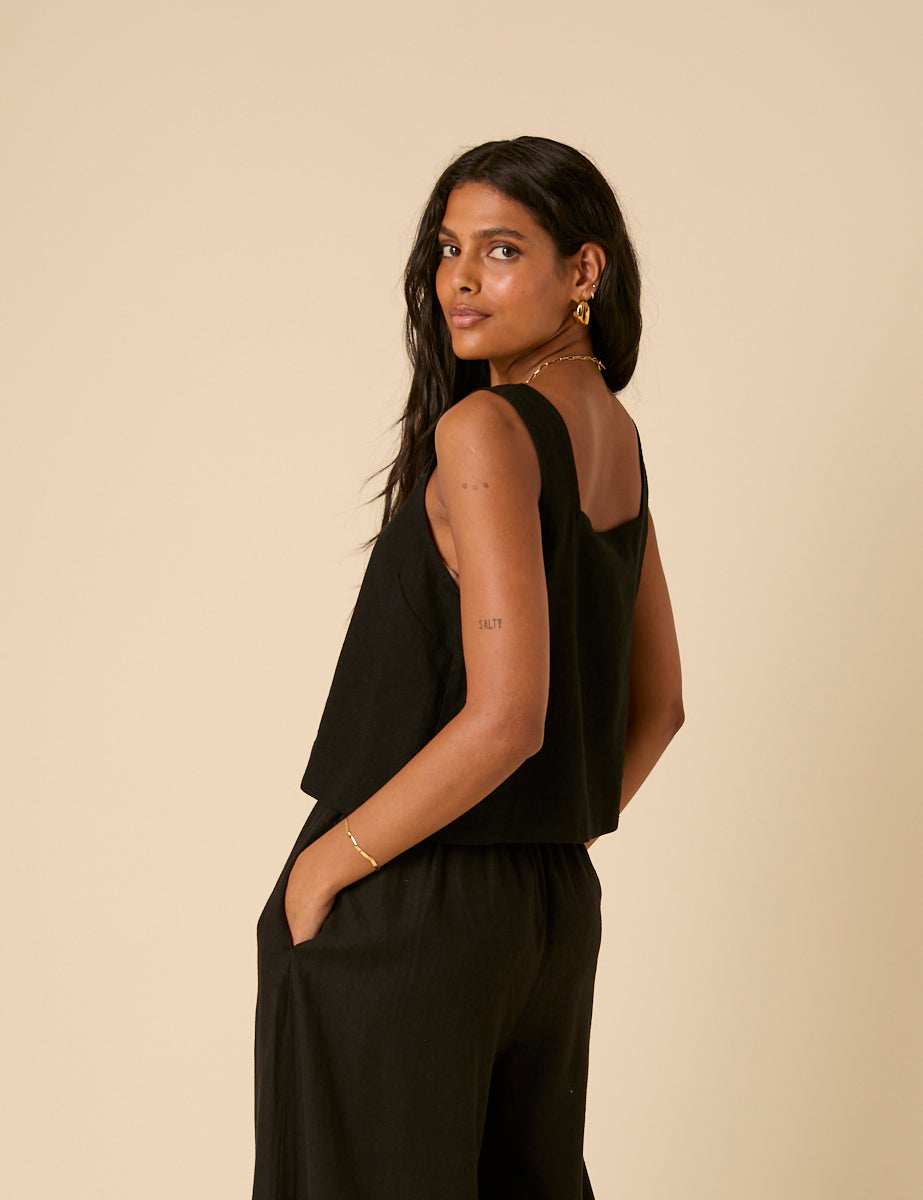 Black Linen-blend Swing Top