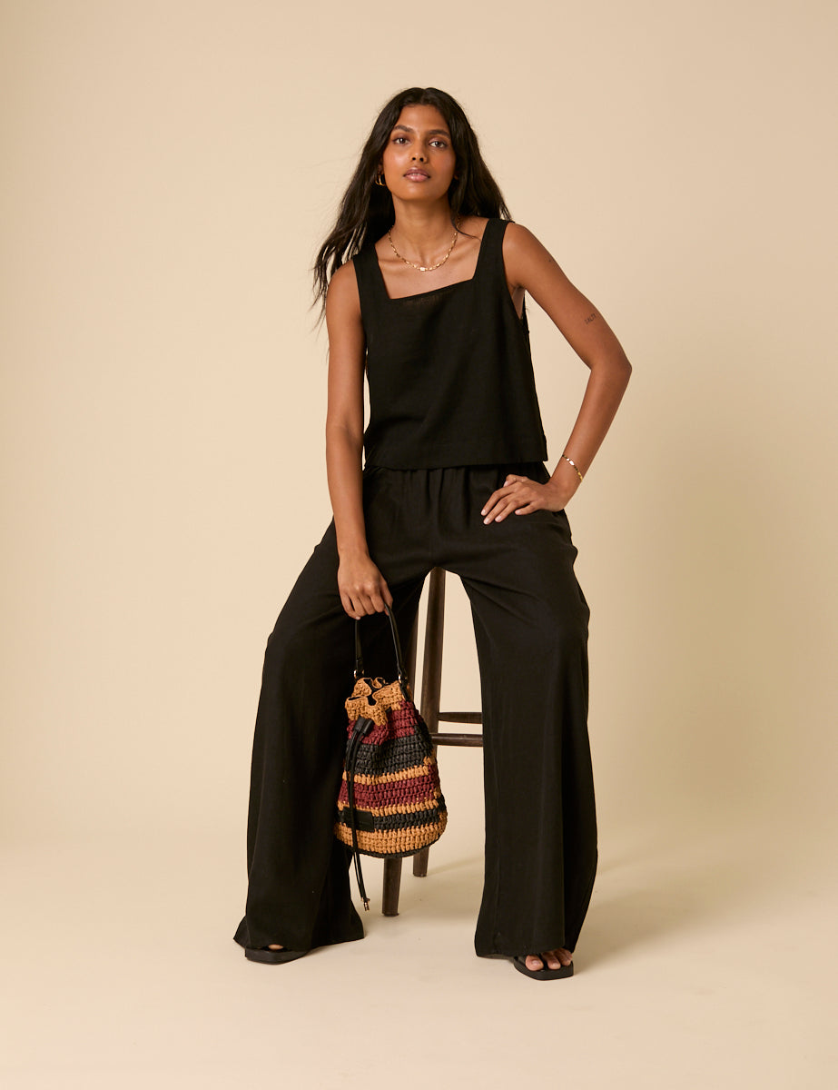 Black Linen-blend Swing Top