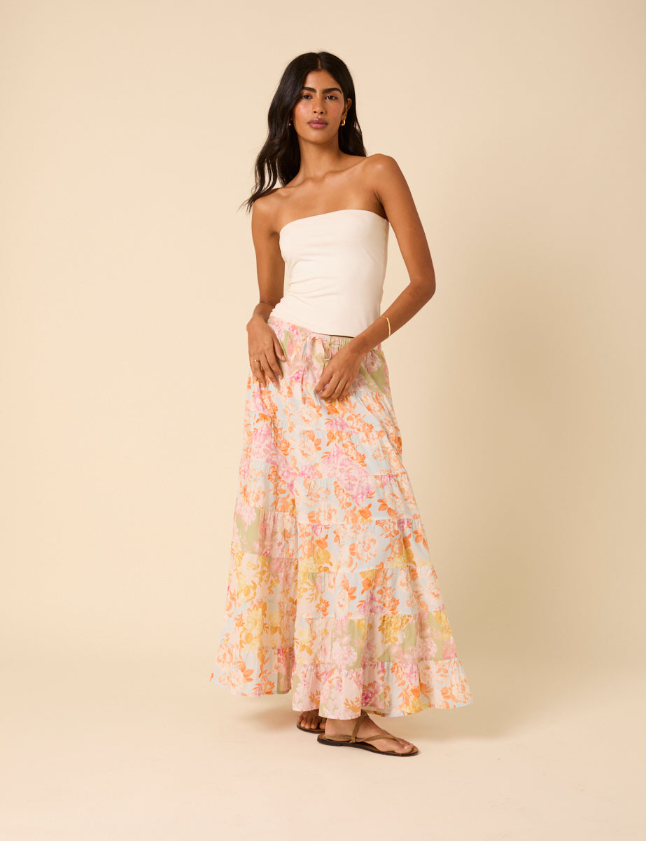 Pink Floral Printed Tiered Midi Skirt