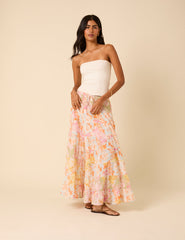 Pink Floral Printed Tiered Midi Skirt