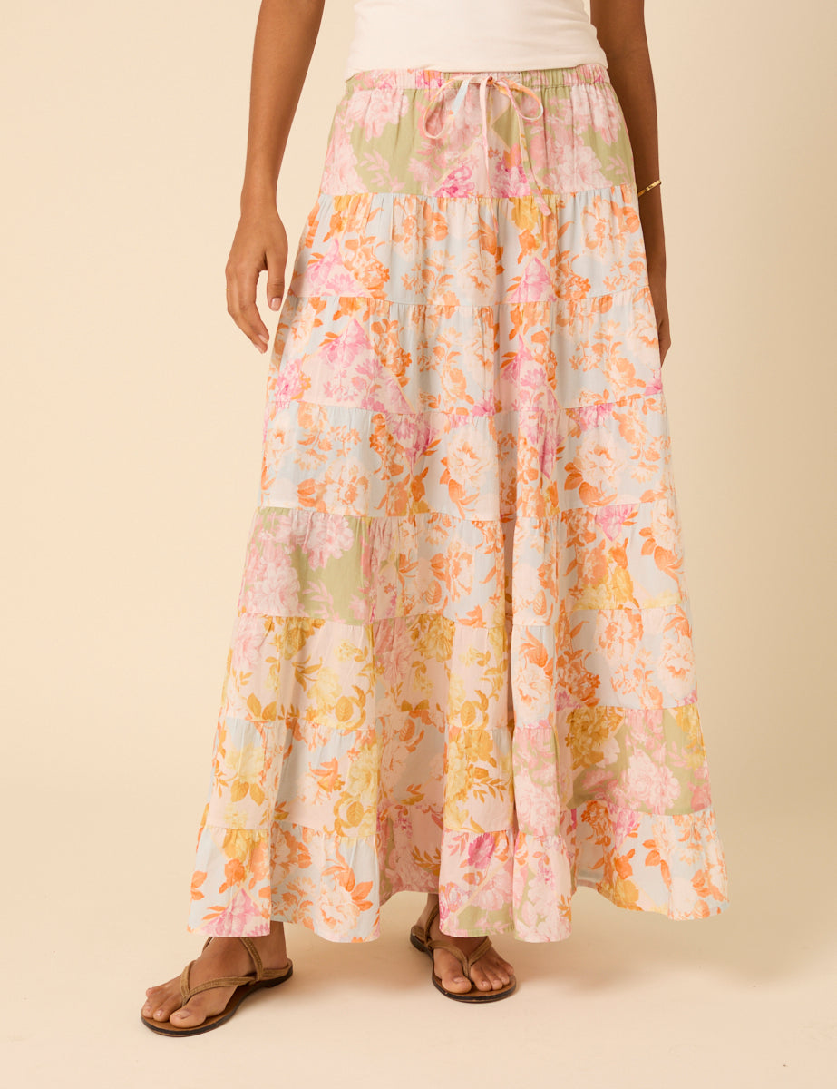 Pink Floral Printed Tiered Midi Skirt