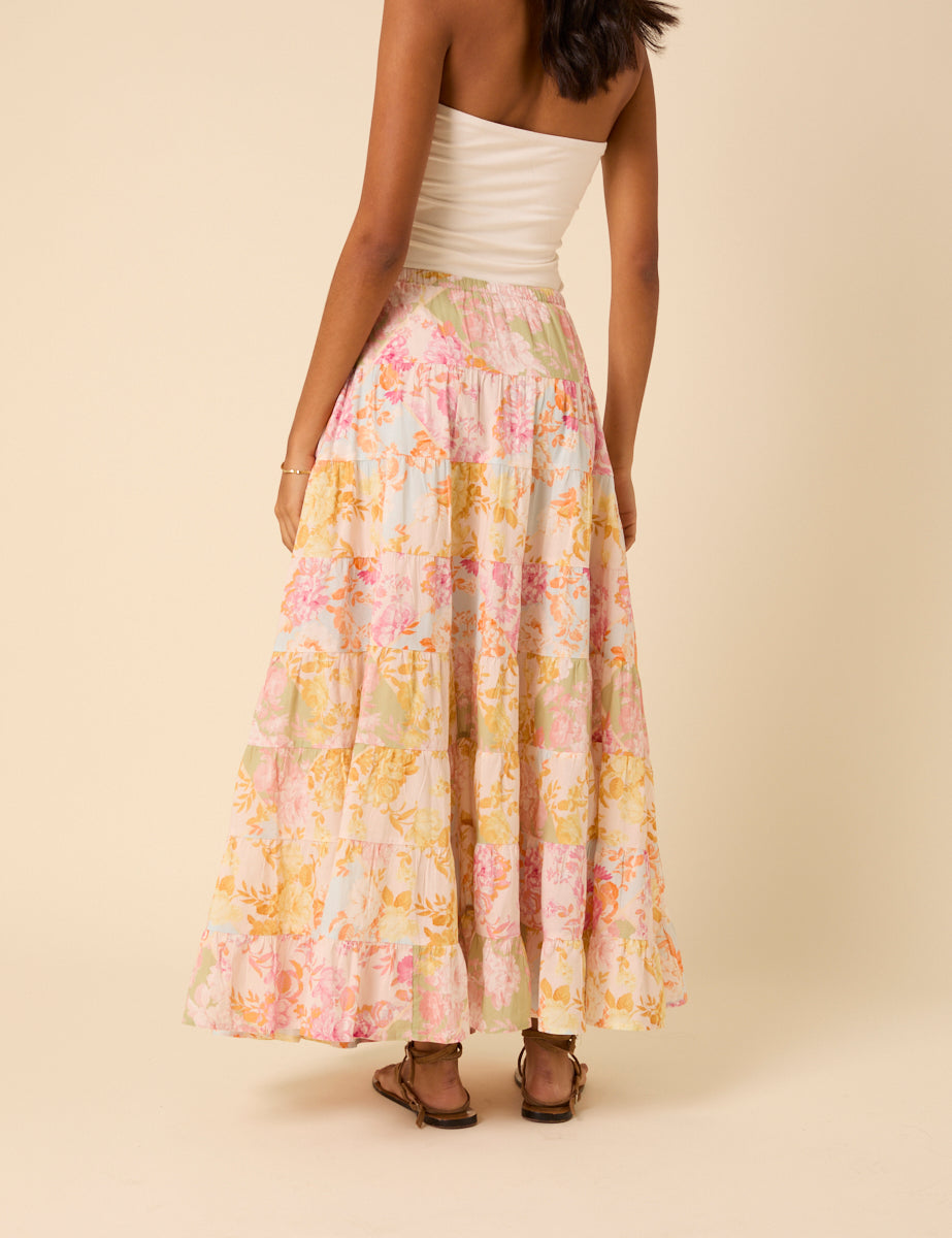 Pink Floral Printed Tiered Midi Skirt