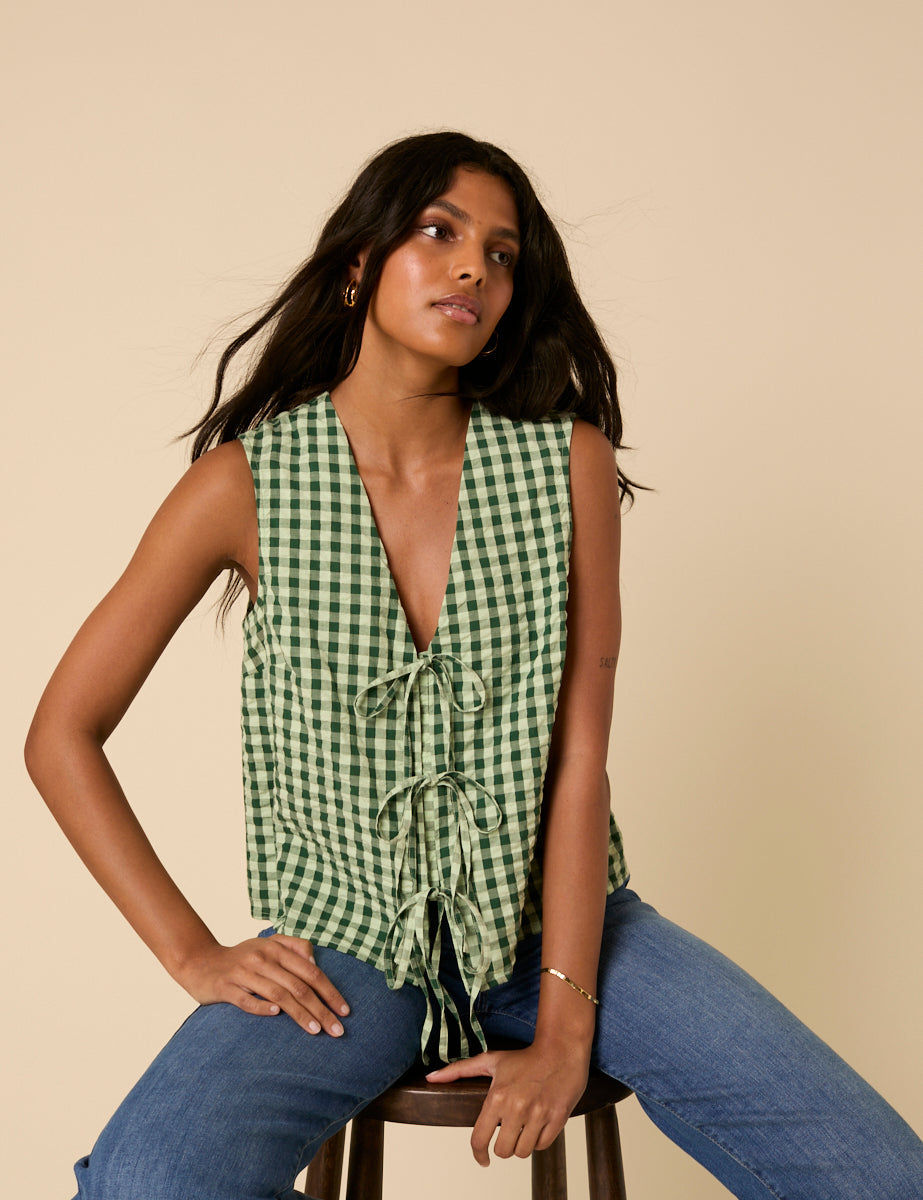 Green Gingham Tie Front Tessa Top