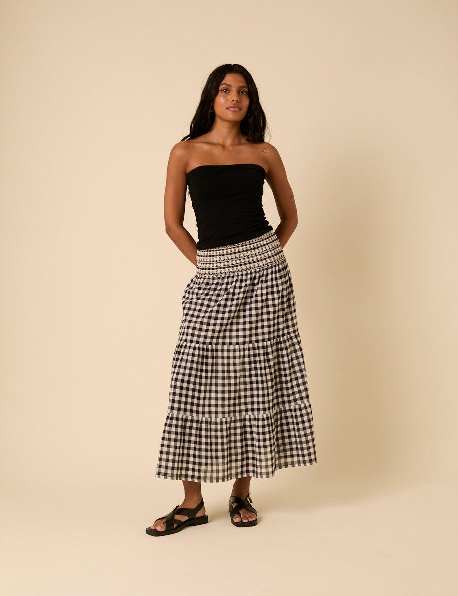 Black Gingham Midi Skirt