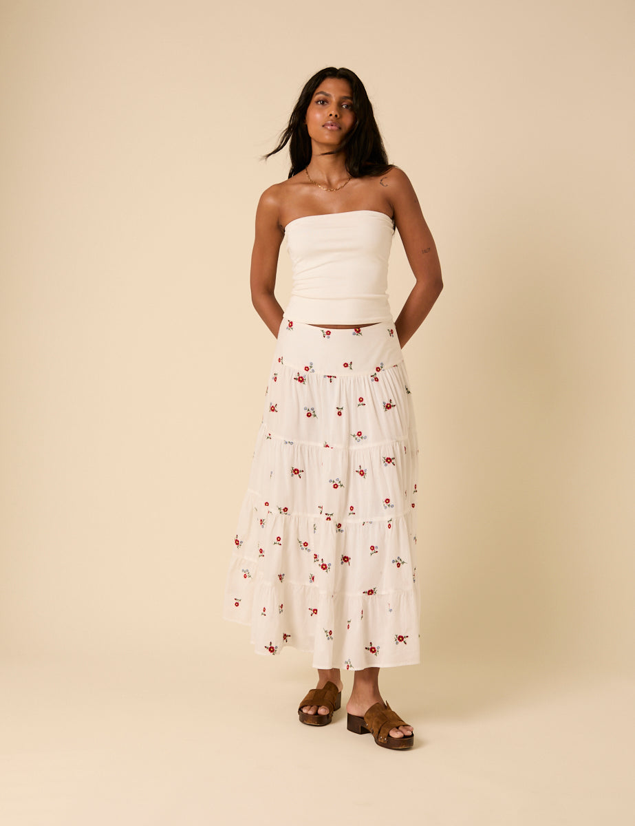 White Tiered Floral Embroidered Midi Skirt