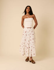 White Tiered Floral Embroidered Midi Skirt