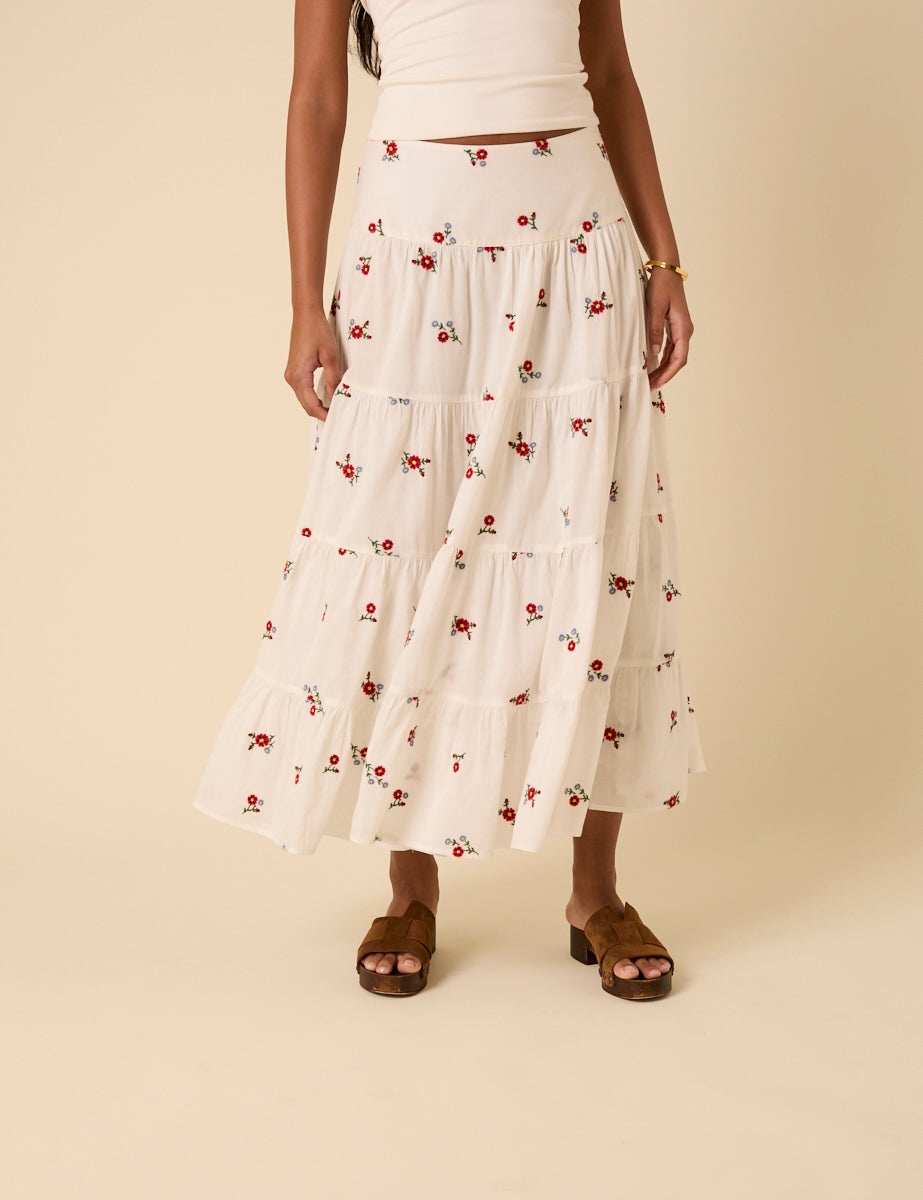 White Tiered Floral Embroidered Midi Skirt