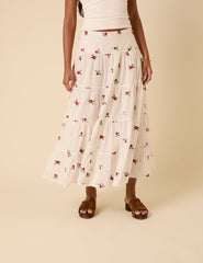 White Tiered Floral Embroidered Midi Skirt
