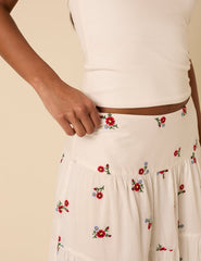 White Tiered Floral Embroidered Midi Skirt