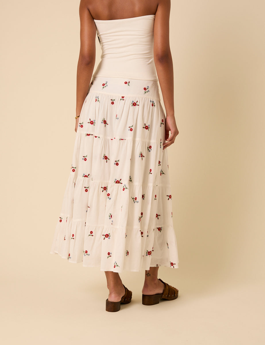 White Tiered Floral Embroidered Midi Skirt
