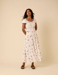 White Tiered Floral Embroidered Midi Skirt