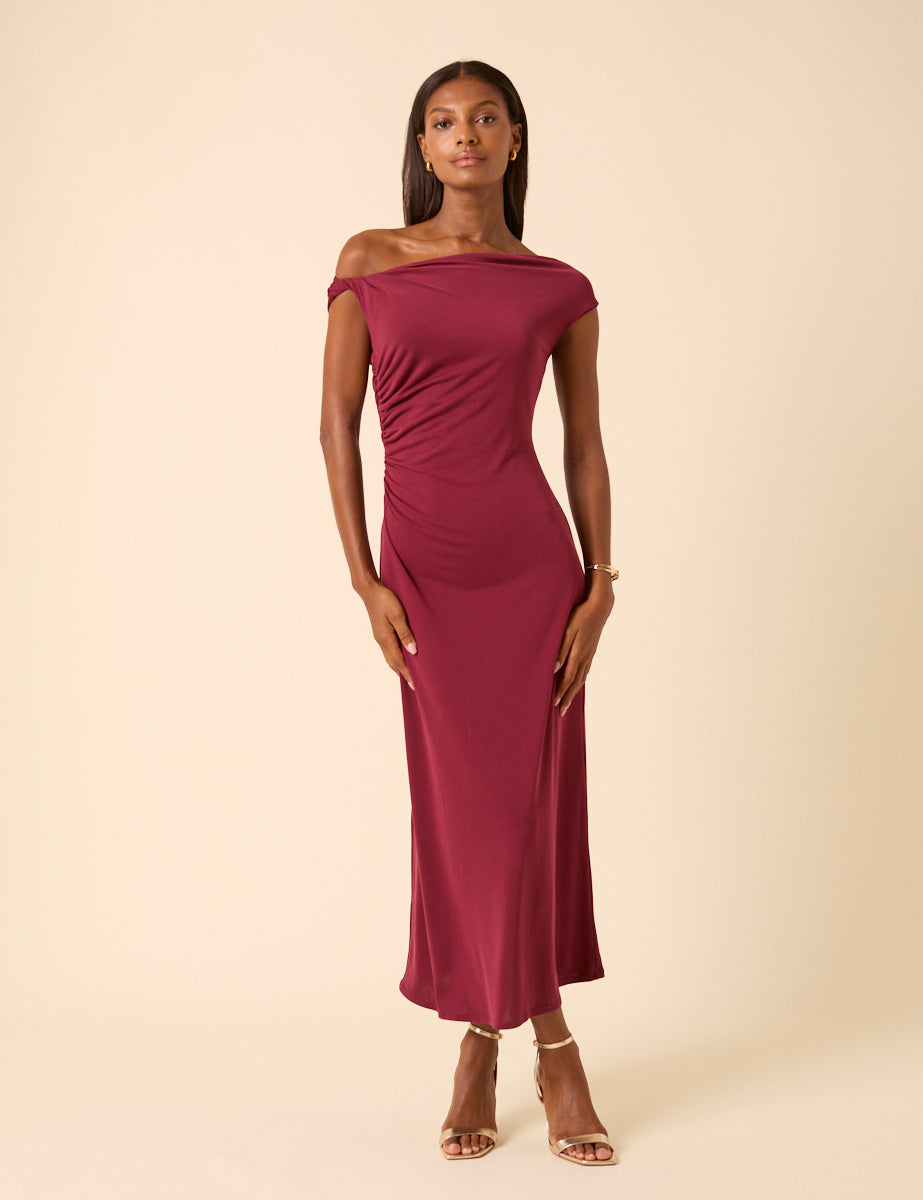 Burgundy Twist Shoulder Bethany Midi Dress