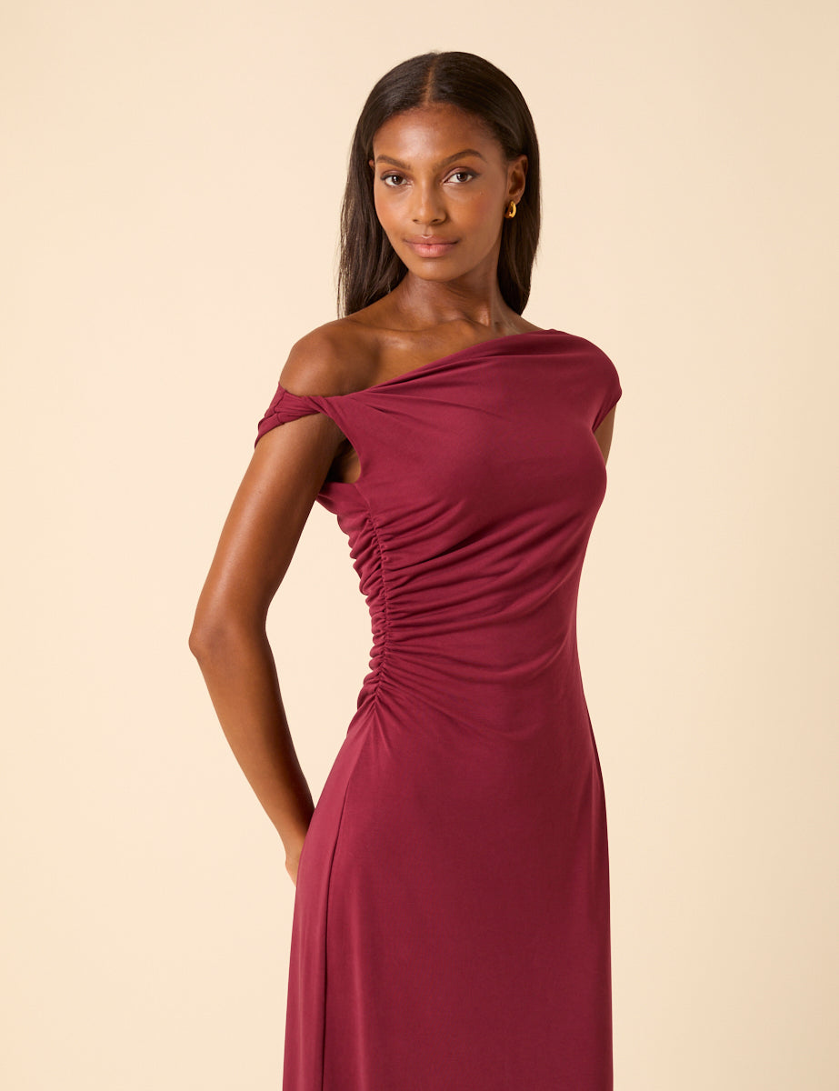 Burgundy Twist Shoulder Bethany Midi Dress