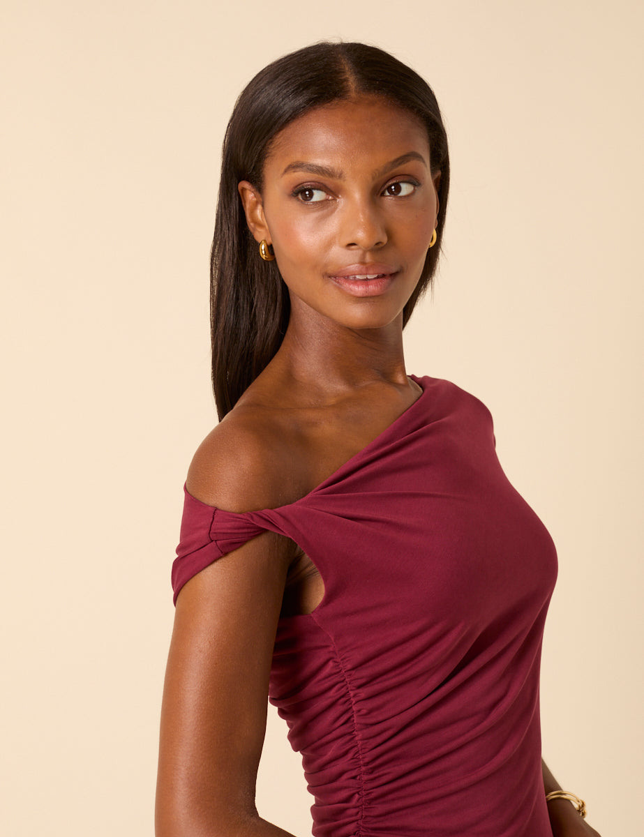 Burgundy Twist Shoulder Bethany Midi Dress