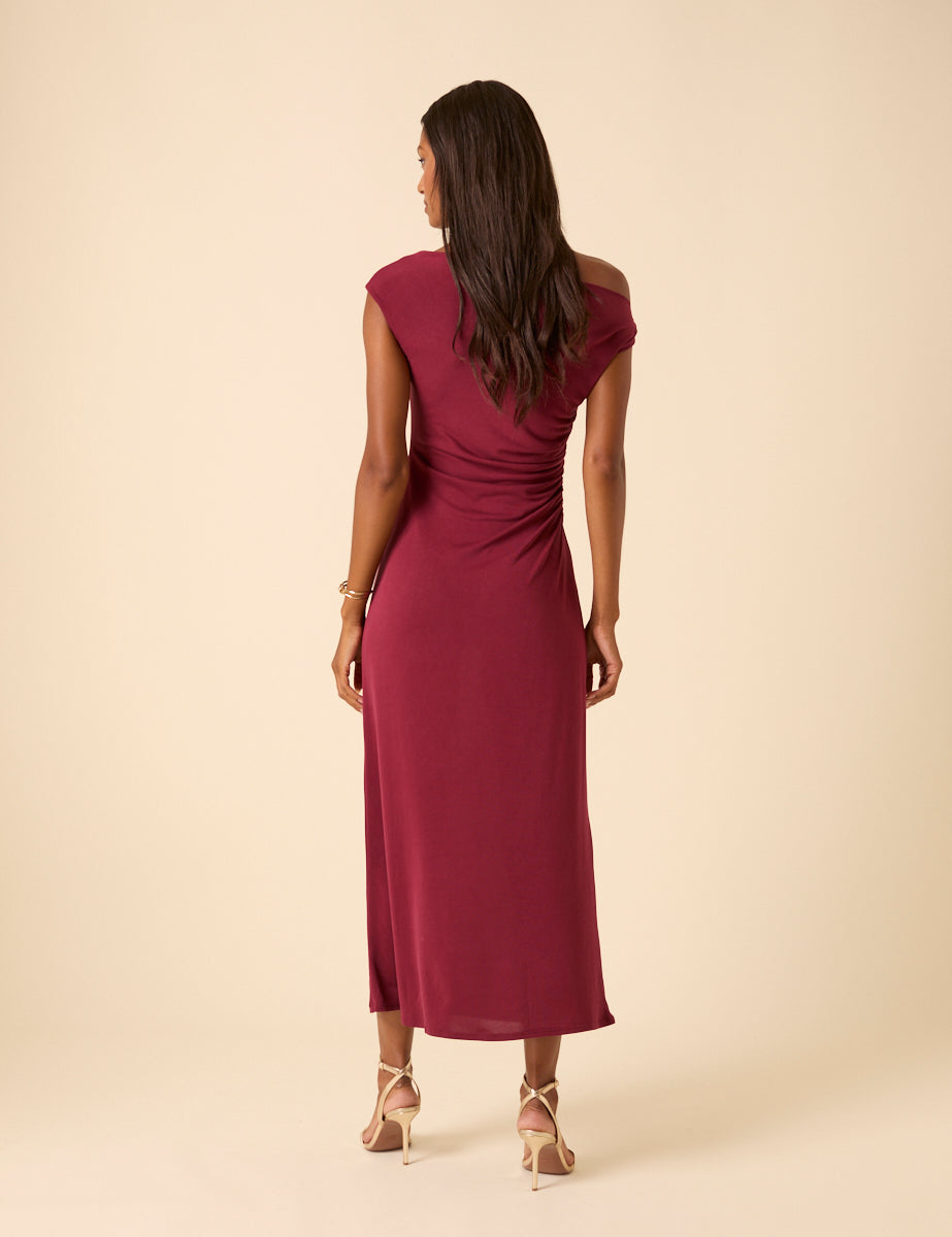 Burgundy Twist Shoulder Bethany Midi Dress