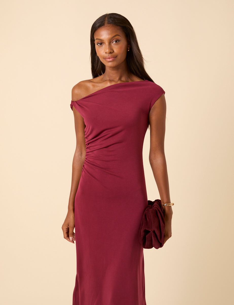 Burgundy Twist Shoulder Bethany Midi Dress