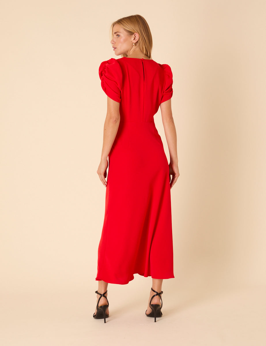 Red Shirred Naomi Midi Dress
