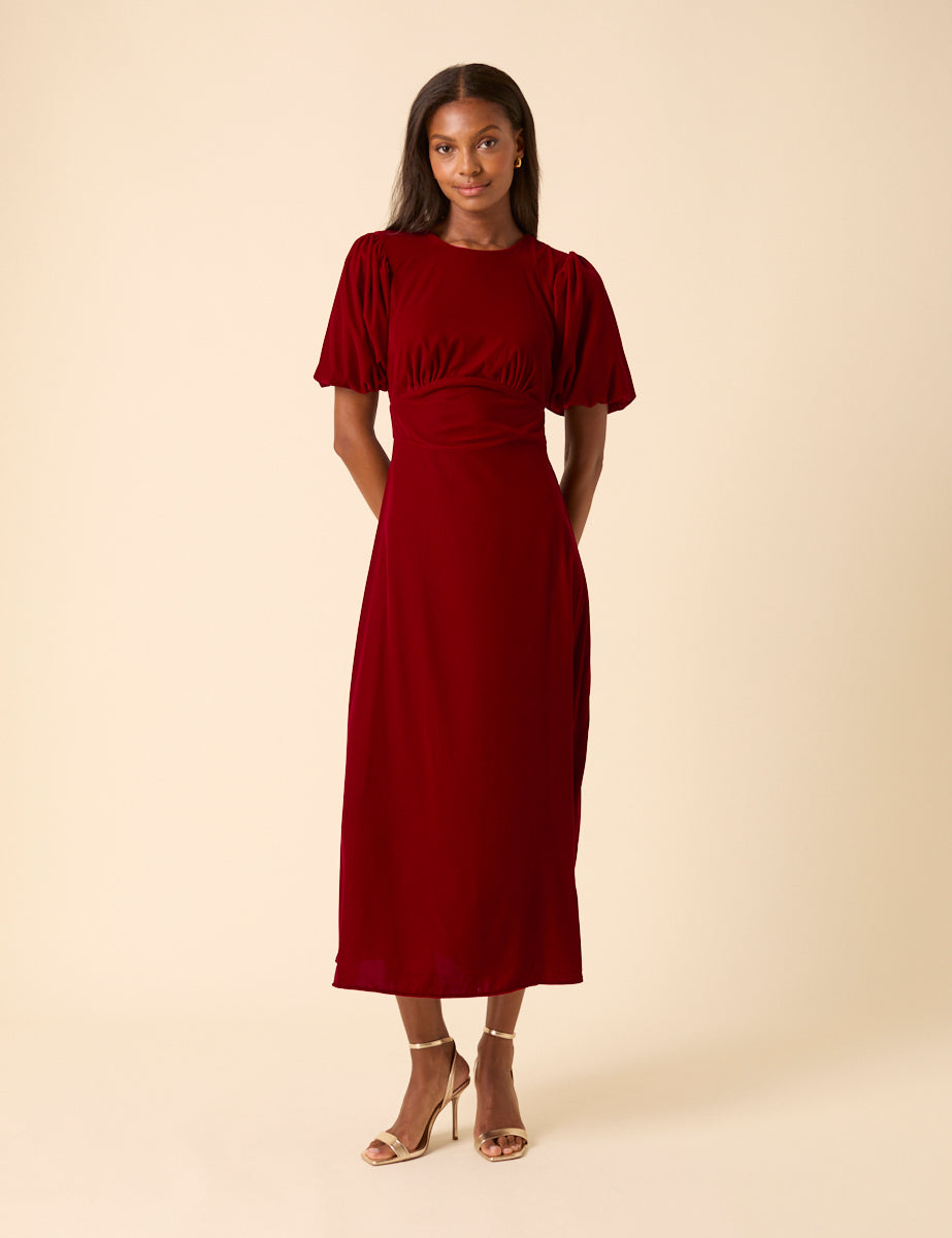 Red Velvet Puff Sleeve Zoi Midi Dress