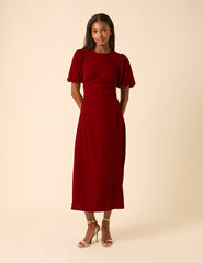 Red Velvet Puff Sleeve Zoi Midi Dress