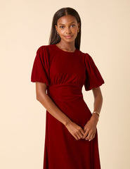 Red Velvet Puff Sleeve Zoi Midi Dress