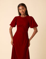 Red Velvet Puff Sleeve Zoi Midi Dress