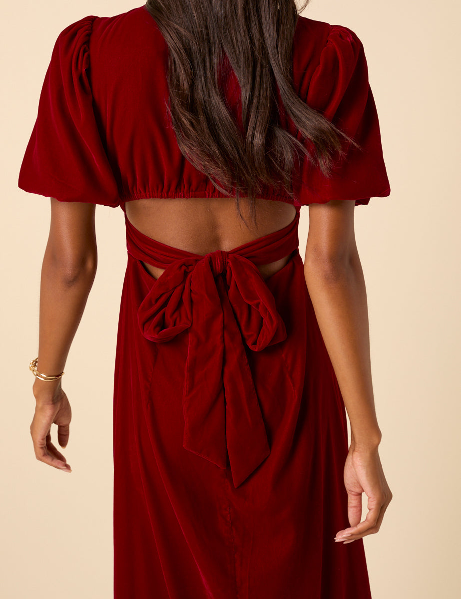 Red Velvet Puff Sleeve Zoi Midi Dress