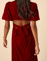 Red Velvet Puff Sleeve Zoi Midi Dress