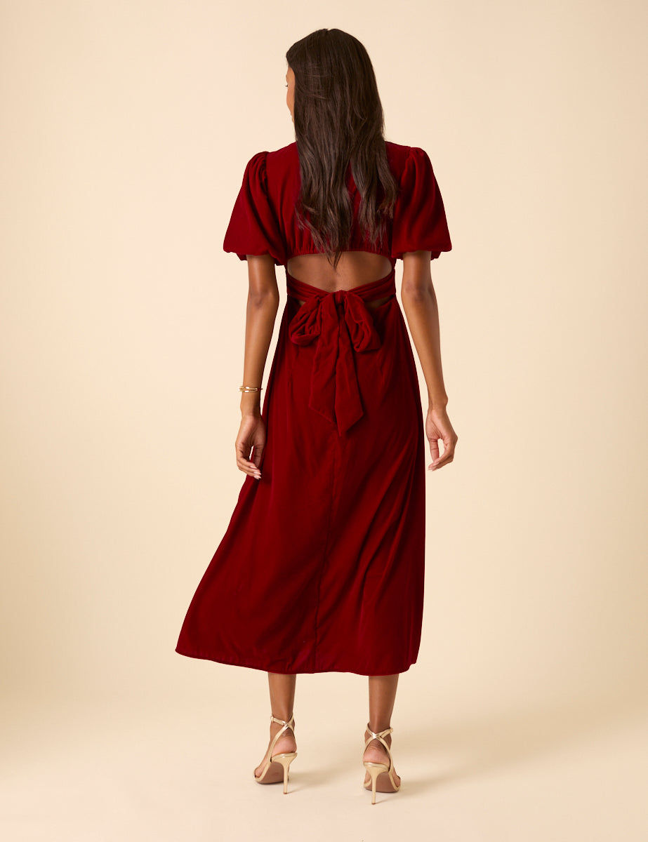 Red Velvet Puff Sleeve Zoi Midi Dress