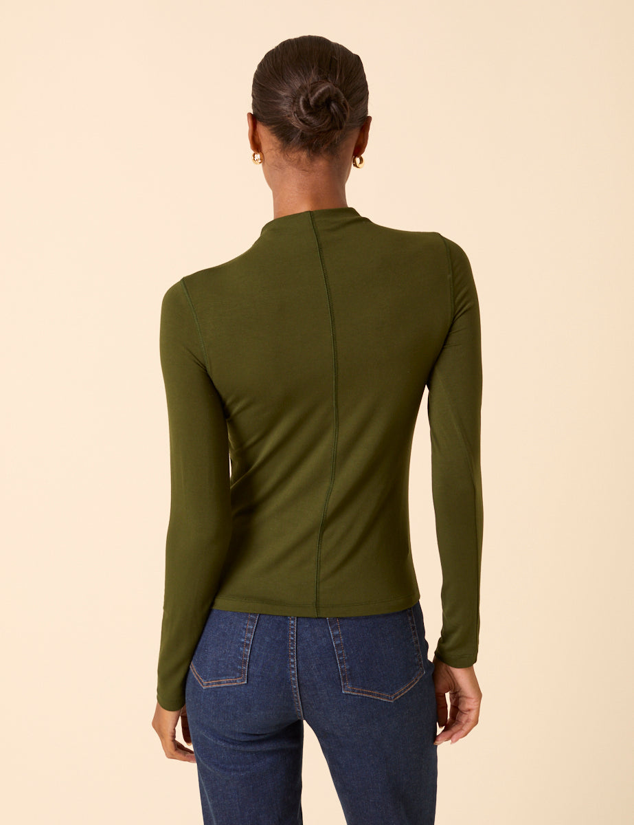 Khaki Long Sleeve High Neck Jersey Top