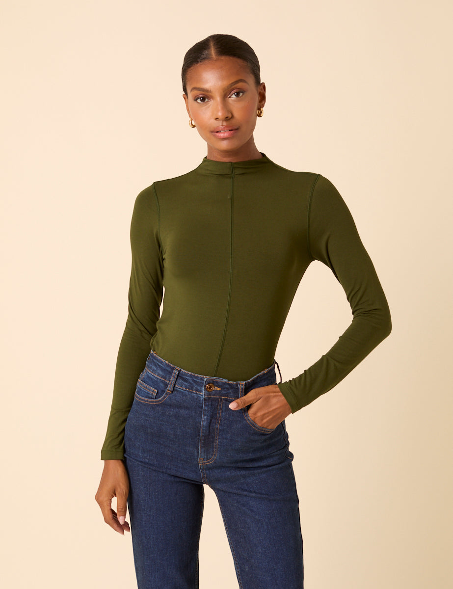 Khaki Long Sleeve High Neck Jersey Top
