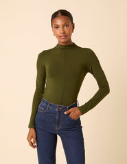 Khaki Long Sleeve High Neck Jersey Top