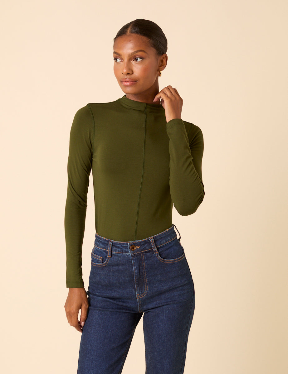 Khaki Long Sleeve High Neck Jersey Top