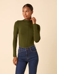Khaki Long Sleeve High Neck Jersey Top