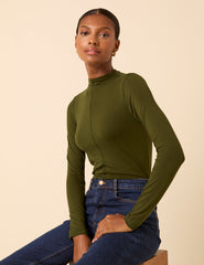 Khaki Long Sleeve High Neck Jersey Top