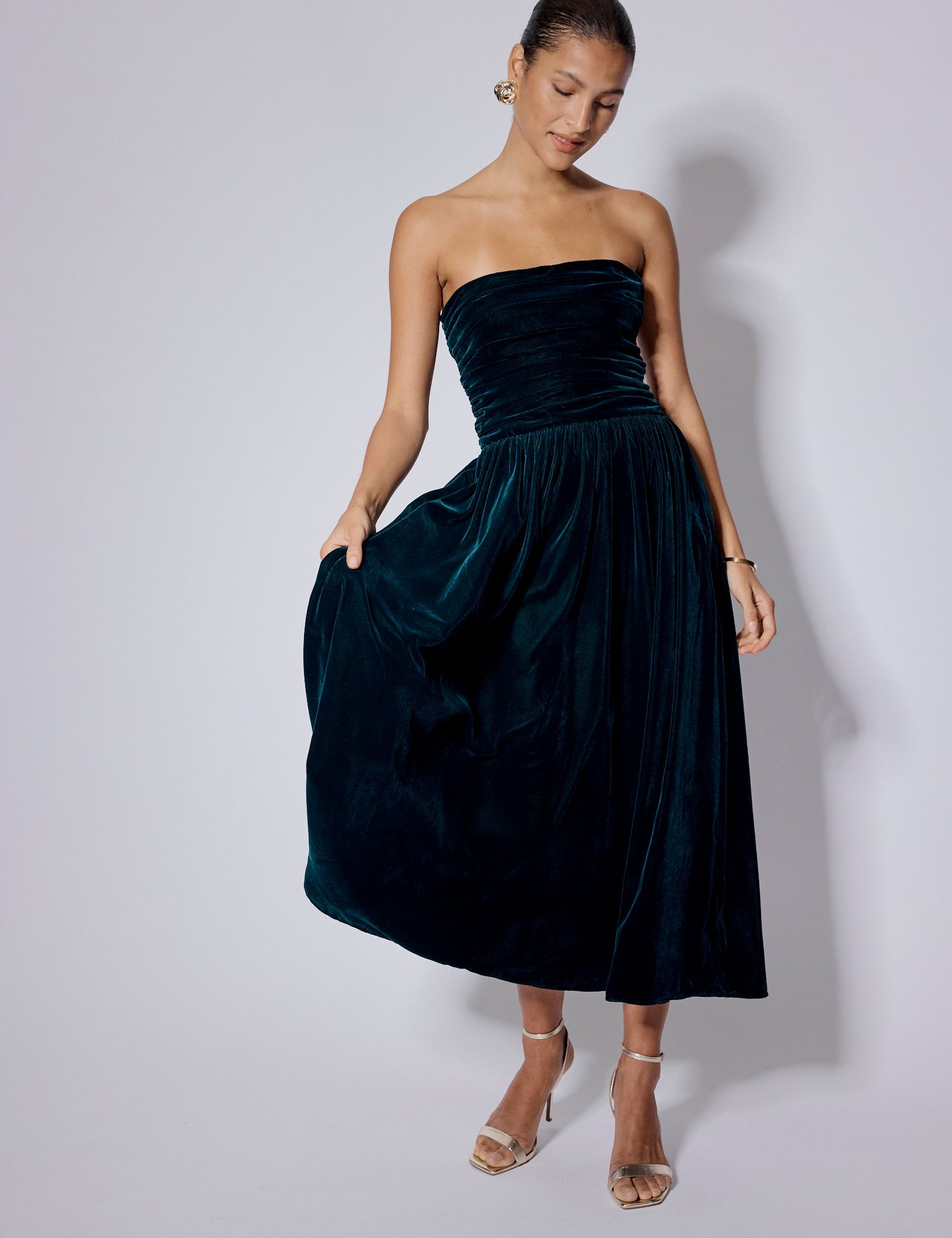 Green Velvet Bandeau Felicity Midi Dress
