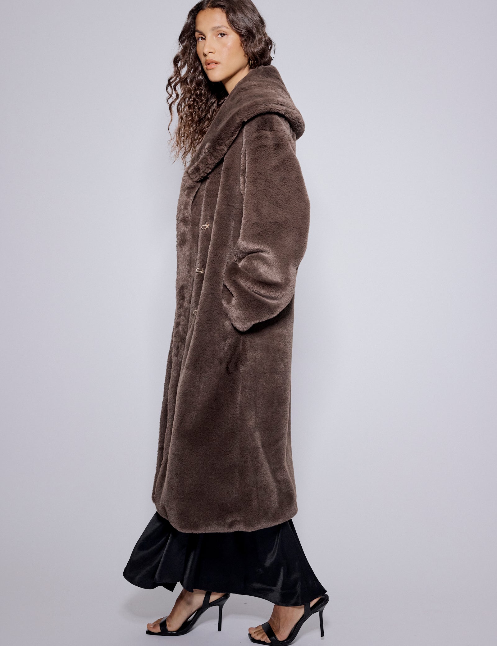 Brown Faux Fur Collared Longline Jacket