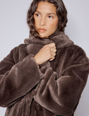 Brown Faux Fur Collared Longline Jacket